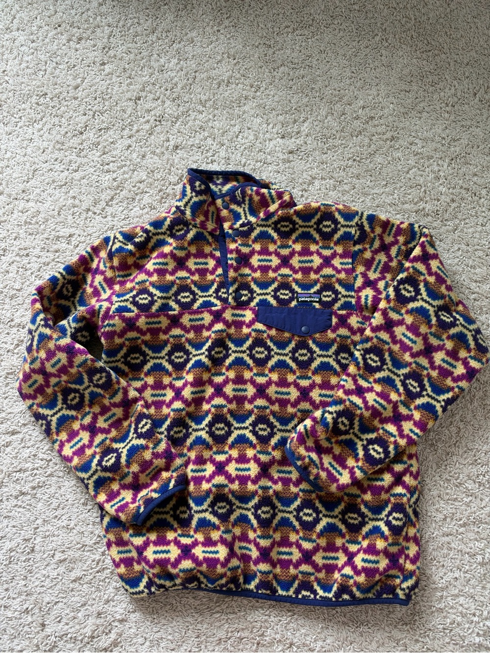 Patagonia Multicolor Geometric Zip Fleece — Navy, Yellow, Pink